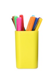 Holder with many colorful markers on white background. School stationery