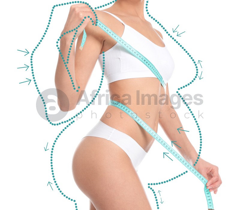 Slim young woman after weight loss on white background, closeup view 