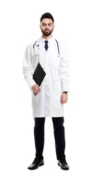 Young male doctor in uniform with clipboard isolated on white