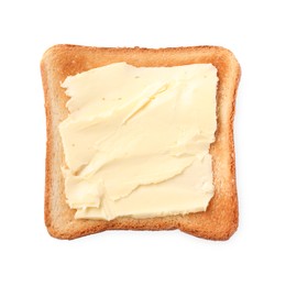 Delicious crispy toast with butter isolated on white, top view