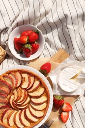 Strawberries, brie cheese and apple pie on blanket, flat lay. Summer picnic
