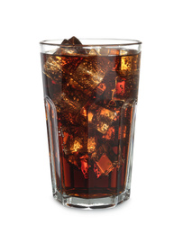 Tasty cola with ice cubes isolated on white