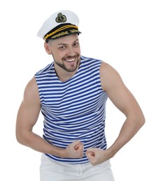Happy sailor showing biceps on white background