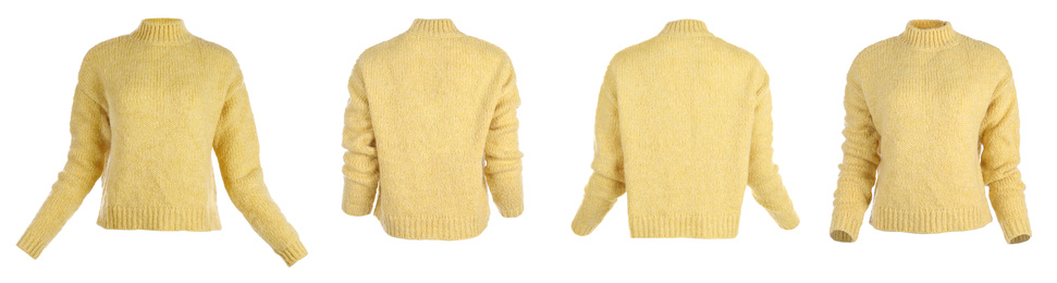 Collage with stylish warm yellow sweater on white background