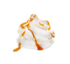 Whipped cream swirl with caramel sauce isolated on white background