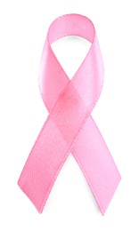 Pink ribbon isolated on white, top view. World Cancer Day