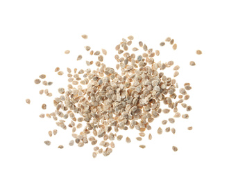 Pile of raw tomato seeds on white background, top view. Vegetable planting