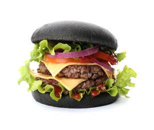 Photo of Tasty unusual black burger isolated on white
