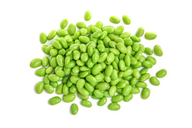 Pile of fresh edamame soybeans on white background, top view