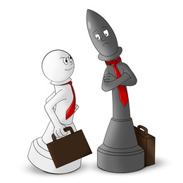 Competition concept. Two chess pieces as office workers in rival situation on white background. Illustration