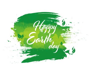 Illustration of Happy Earth day card with illustration of continents and leaves in green brushstroke on white background