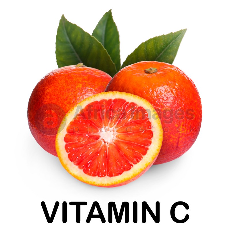 Source of Vitamin C. Delicious ripe red oranges on white background