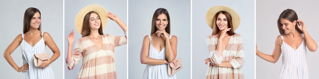 Image of Collage with photos of young women wearing different dresses on light background