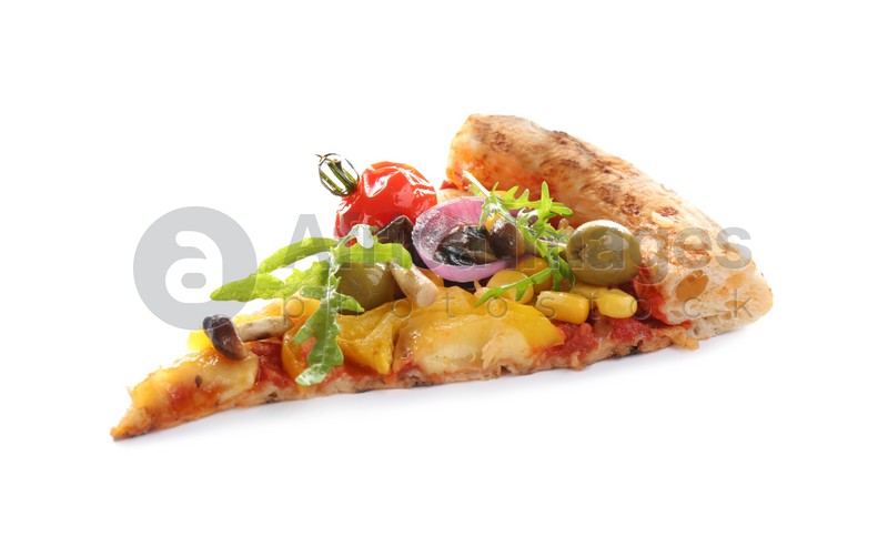 Photo of Slice of tasty vegetable pizza isolated on white