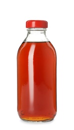 Photo of Glass bottle of delicious kvass isolated on white. Refreshing drink