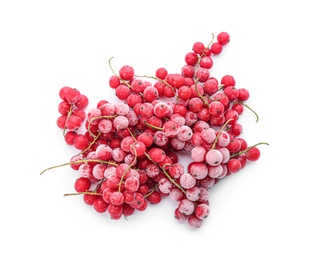 Heap of tasty frozen red currants on white background, top view