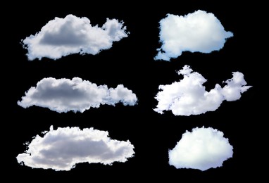 DIfferent white clouds on black background, collage