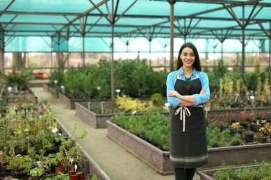 Photo of Female business owner in greenhouse. Space for text