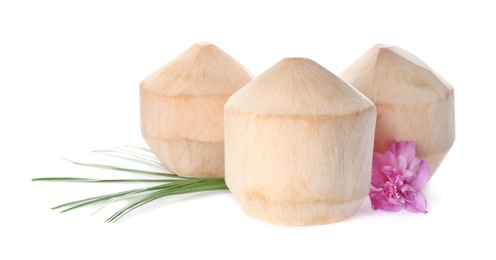 Young peeled coconuts with palm leaf and beautiful flower on white background