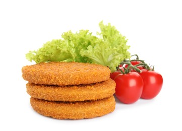 Delicious fried breaded cutlets with cherry tomatoes and lettuce on white background