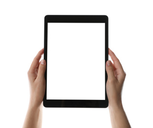 Woman holding tablet computer with blank screen on white background, closeup. Modern gadget