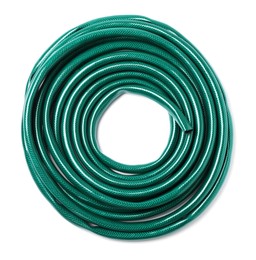 Green rubber watering hose isolated on white, top view