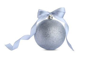 Beautiful silver Christmas ball with ribbon isolated on white