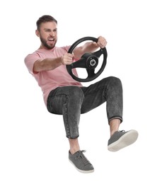 Angry man with steering wheel against white background