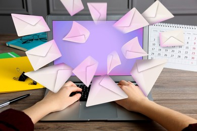Image of Email spam. Woman with laptop and many letters, closeup