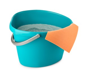 Turquoise bucket with detergent and rag isolated on white