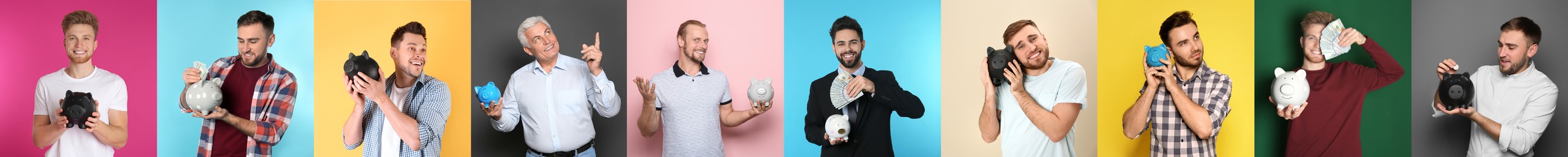 Collage with photos of men holding piggy banks on different color backgrounds. Banner design