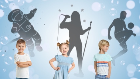 Image of Childhood dreams. Little kids against silhouettes of spaceman, singer and soccer player