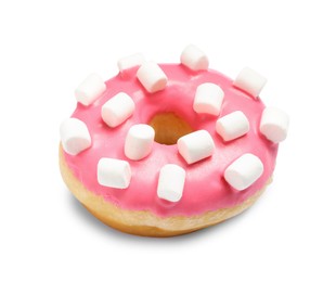 Sweet delicious glazed donut decorated with marshmallow on white background