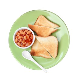 Toasts and delicious canned beans isolated on white, top view