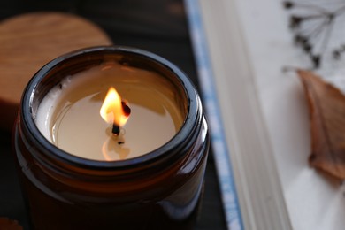 Beautiful burning candle, closeup with space for text. Autumn atmosphere