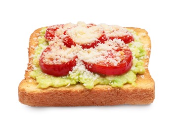 Tasty toast with avocado spread, tomato and cheese on white background