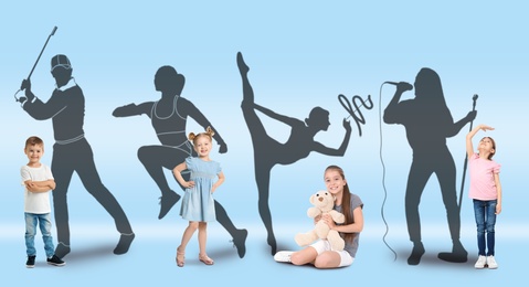 Childhood dreams. Little kids against silhouettes of golf player, runner, rhythmic gymnast and singer