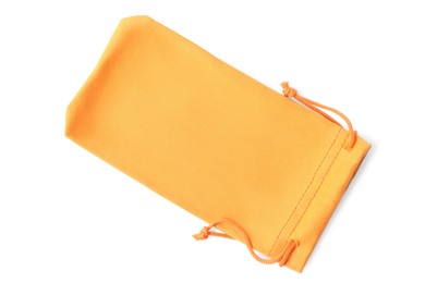 Photo of Orange cloth sunglasses bag isolated on white, top view