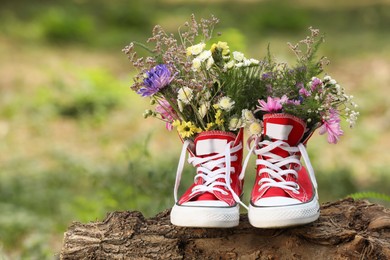 Beautiful flowers in shoes on log outdoors, space for text