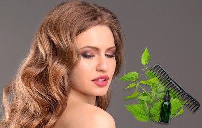 Natural hair care. Beautiful young woman, stinging nettle extract, green leaves and comb on grey background