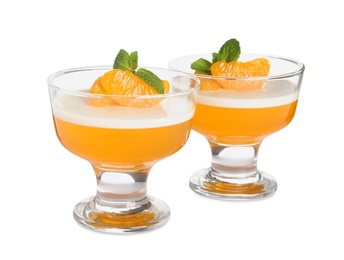 Delicious tangerine jelly with mint on white background
