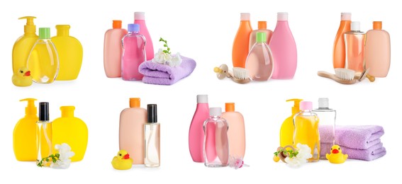 Set with baby oil, other cosmetic products and accessories on white background