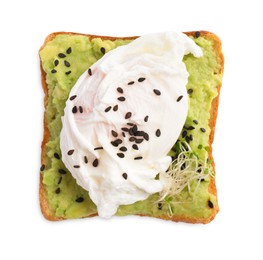 Delicious toast with avocado cream, poached egg and black sesame seeds isolated on white, top view