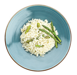 Delicious risotto with asparagus isolated on white, top view
