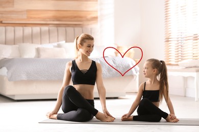 Illustration of red heart and mother and daughter doing yoga together at home