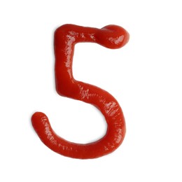 Number 5 written with ketchup on white background