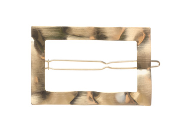 Stylish gold hair clip isolated on white, top view