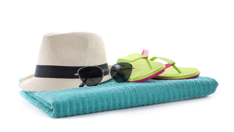 Photo of Composition with beach objects on white background