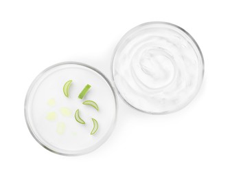 Photo of Petri dishes with aloe plants and cosmetic product isolated on white, top view