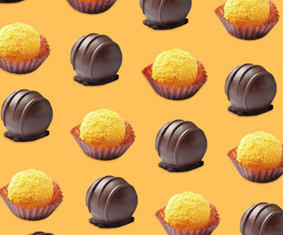 Tasty candies on orange background. Pattern design
